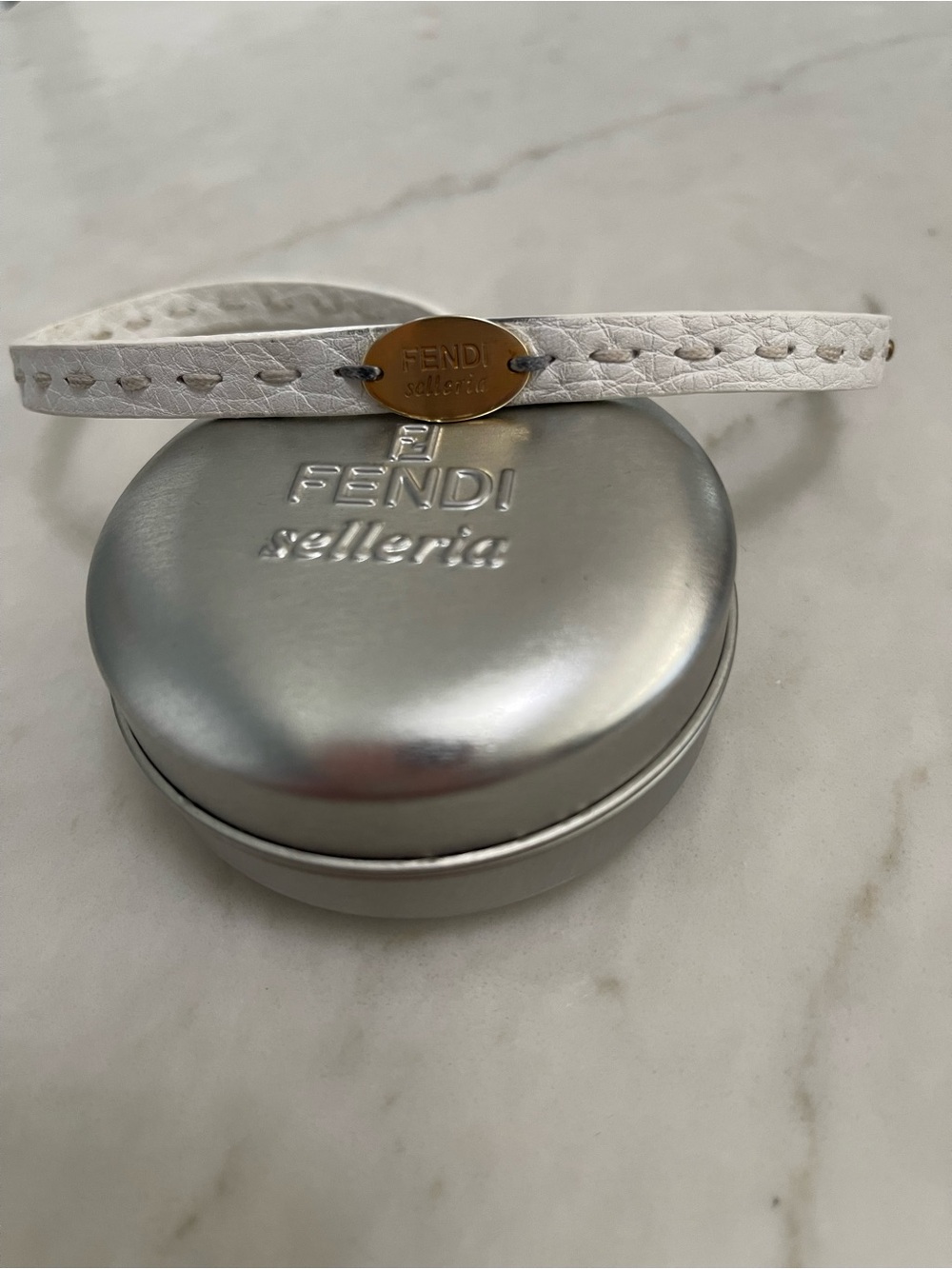 Fendi White Leather Bracelet with Gold Logo Plaque